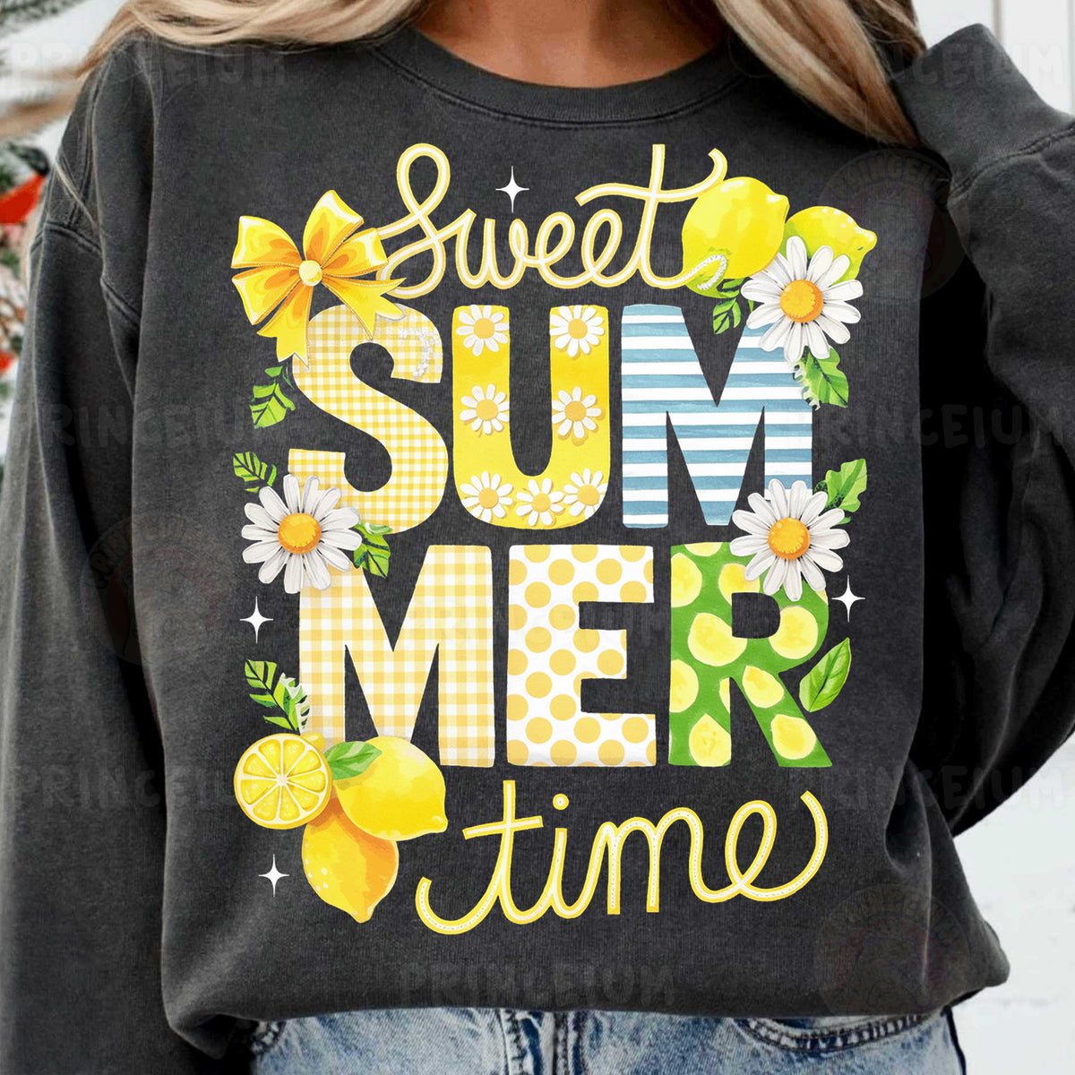a woman wearing a sweatshirt that says sweet summer time