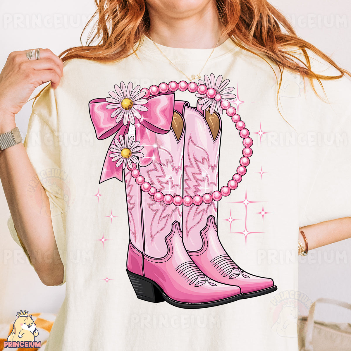 a woman wearing a t - shirt with a picture of a pink cowboy boot