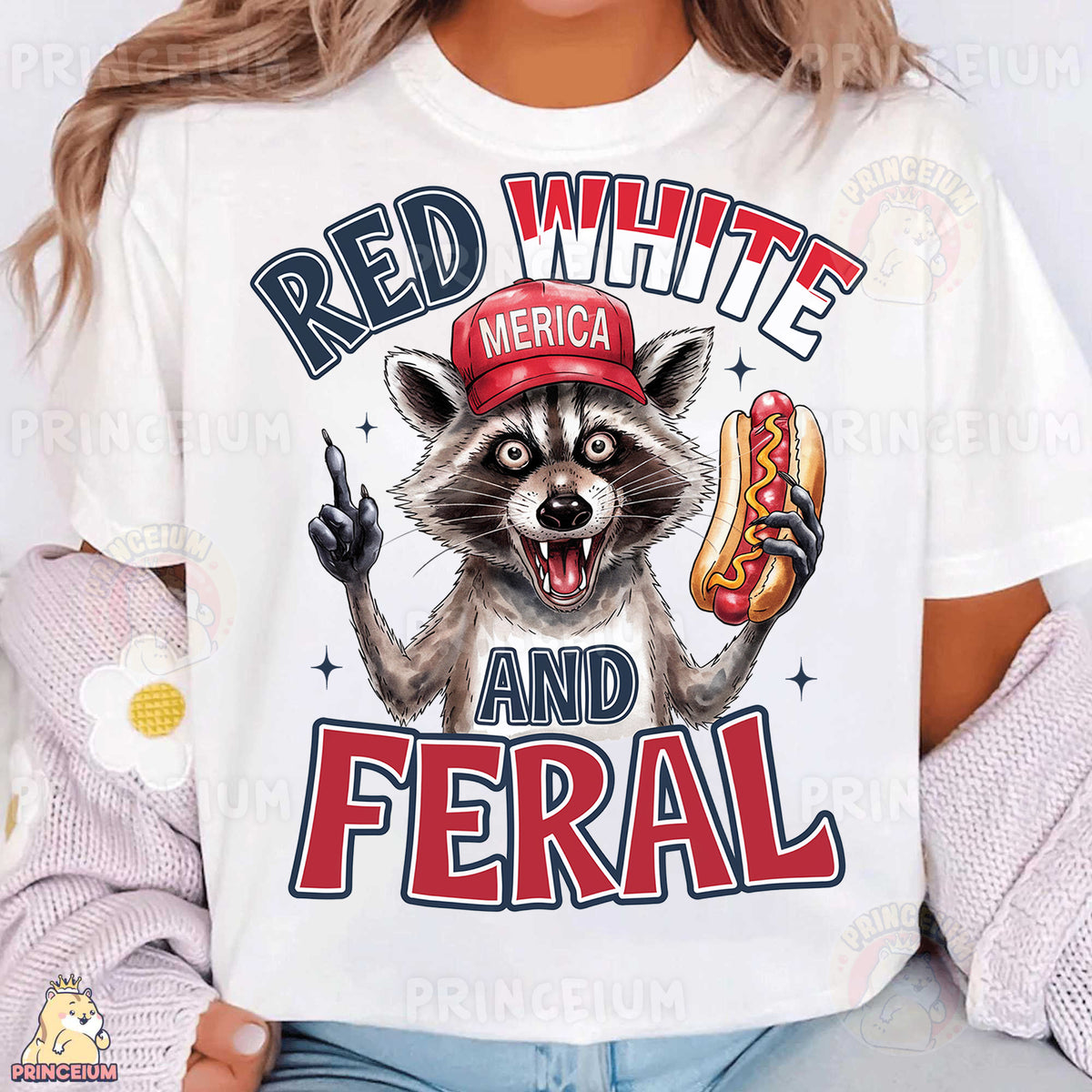 a woman wearing a white shirt with a raccoon holding a hot dog and