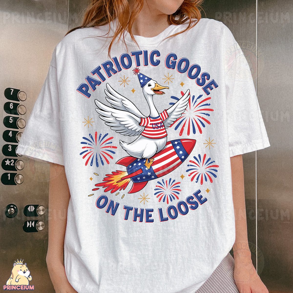 a woman wearing a patriotic goose on the loose t - shirt