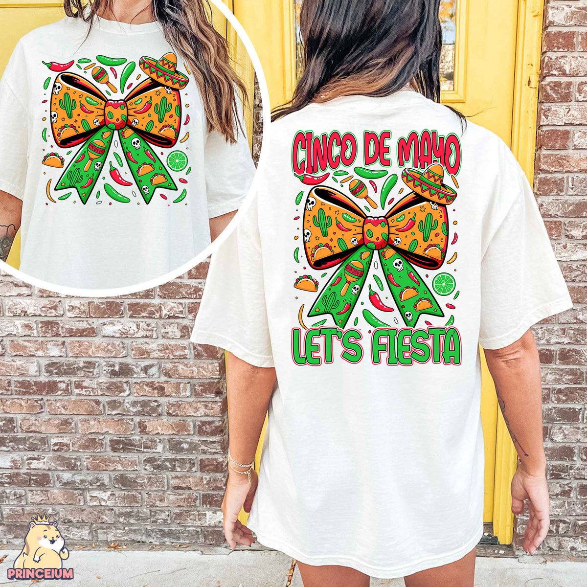a woman wearing a t - shirt with a bow on it