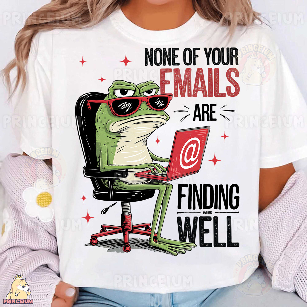 a woman wearing a white shirt with a frog on it