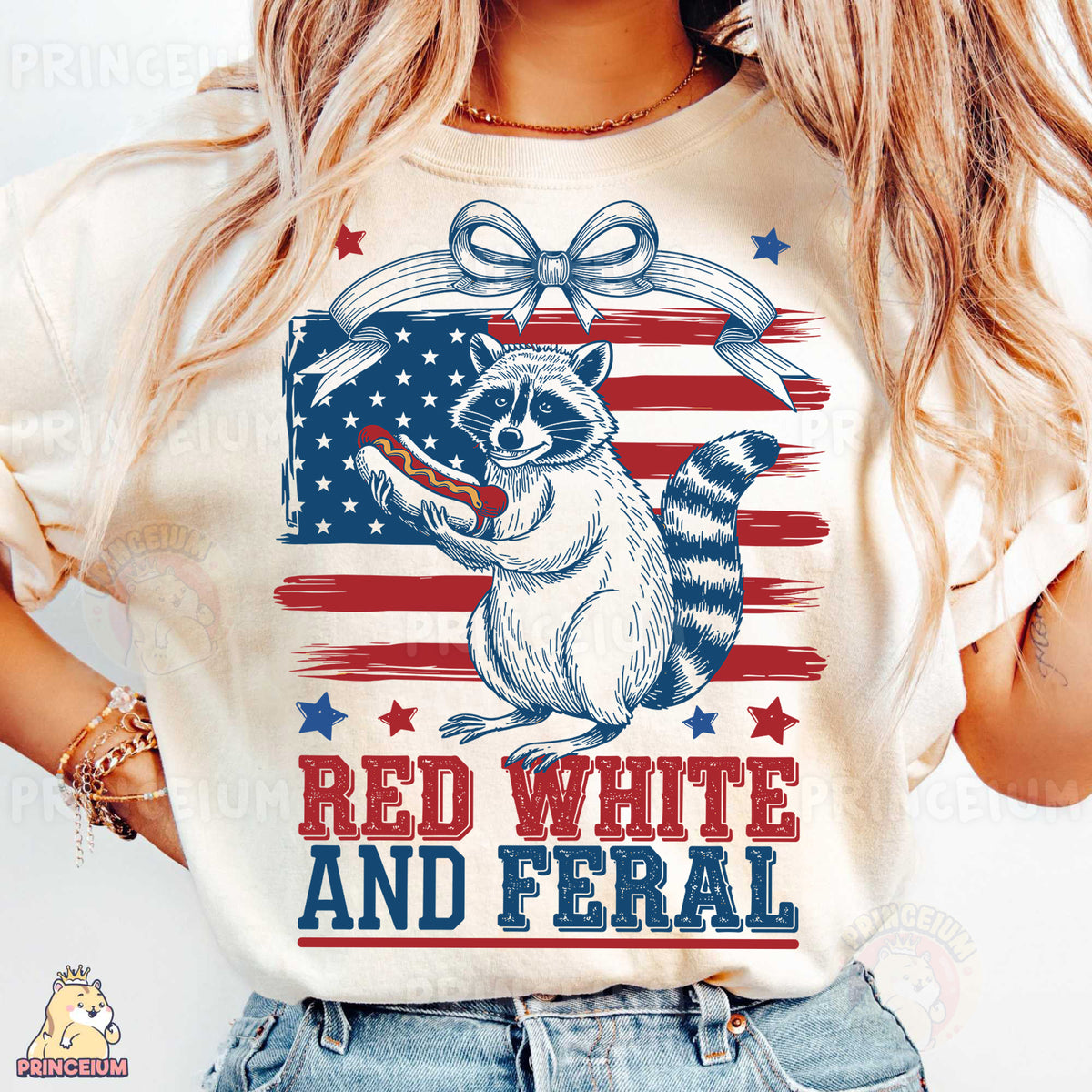a woman wearing a red, white and fe ral t - shirt