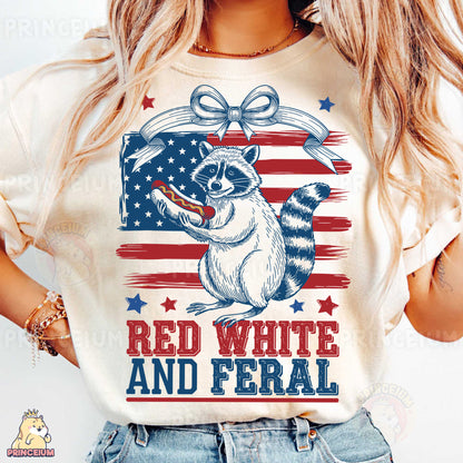 a woman wearing a red, white and fe ral t - shirt