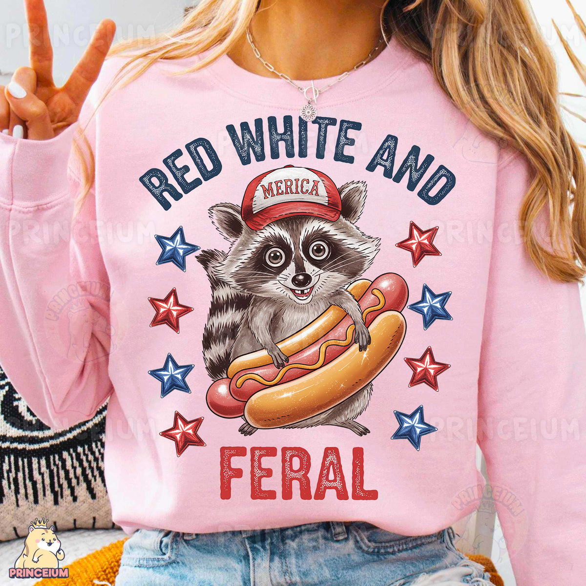 a woman wearing a pink shirt with a raccoon on it