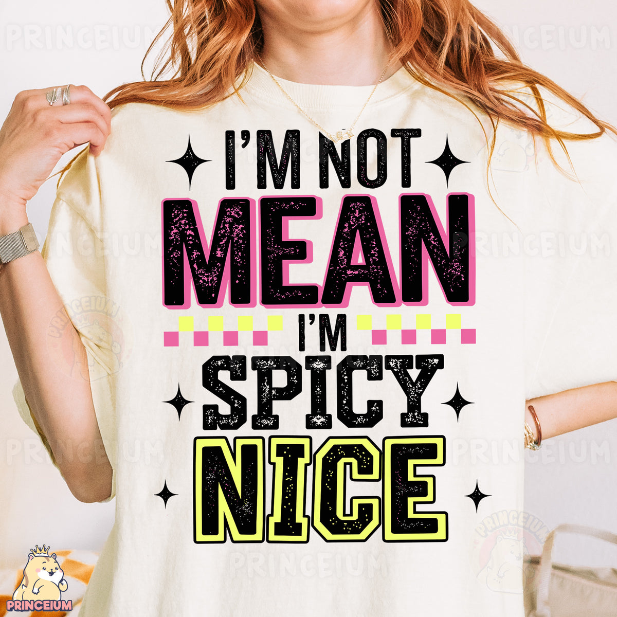 a woman wearing a t - shirt that says i'm not mean i '