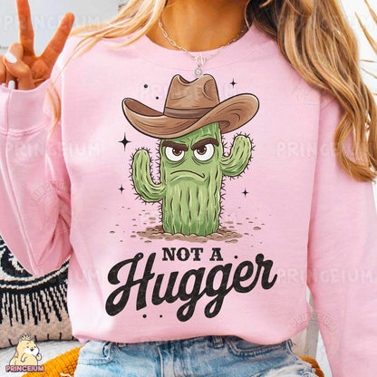 a woman wearing a pink shirt that says not a hugger
