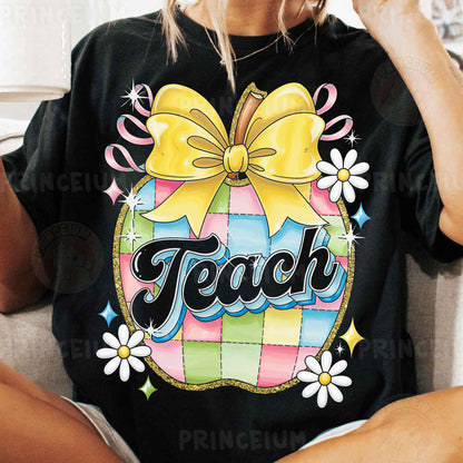 Colorful Patchwork Apple “Teach” PNG – Cute Teacher Shirt Digital Download
