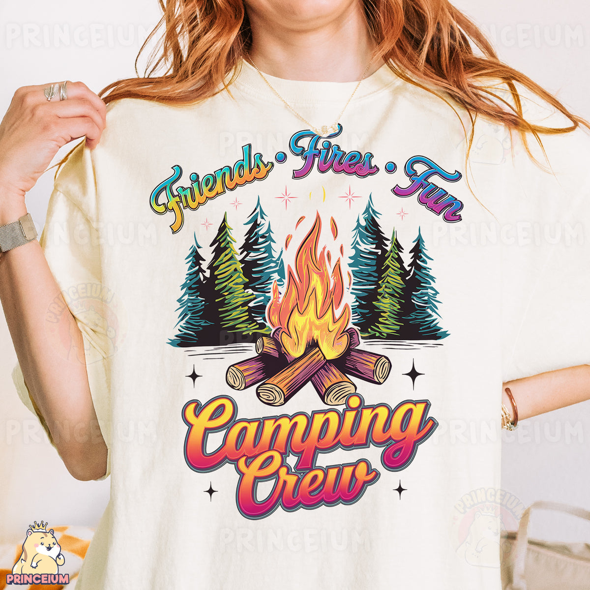 a woman wearing a t - shirt with a campfire design