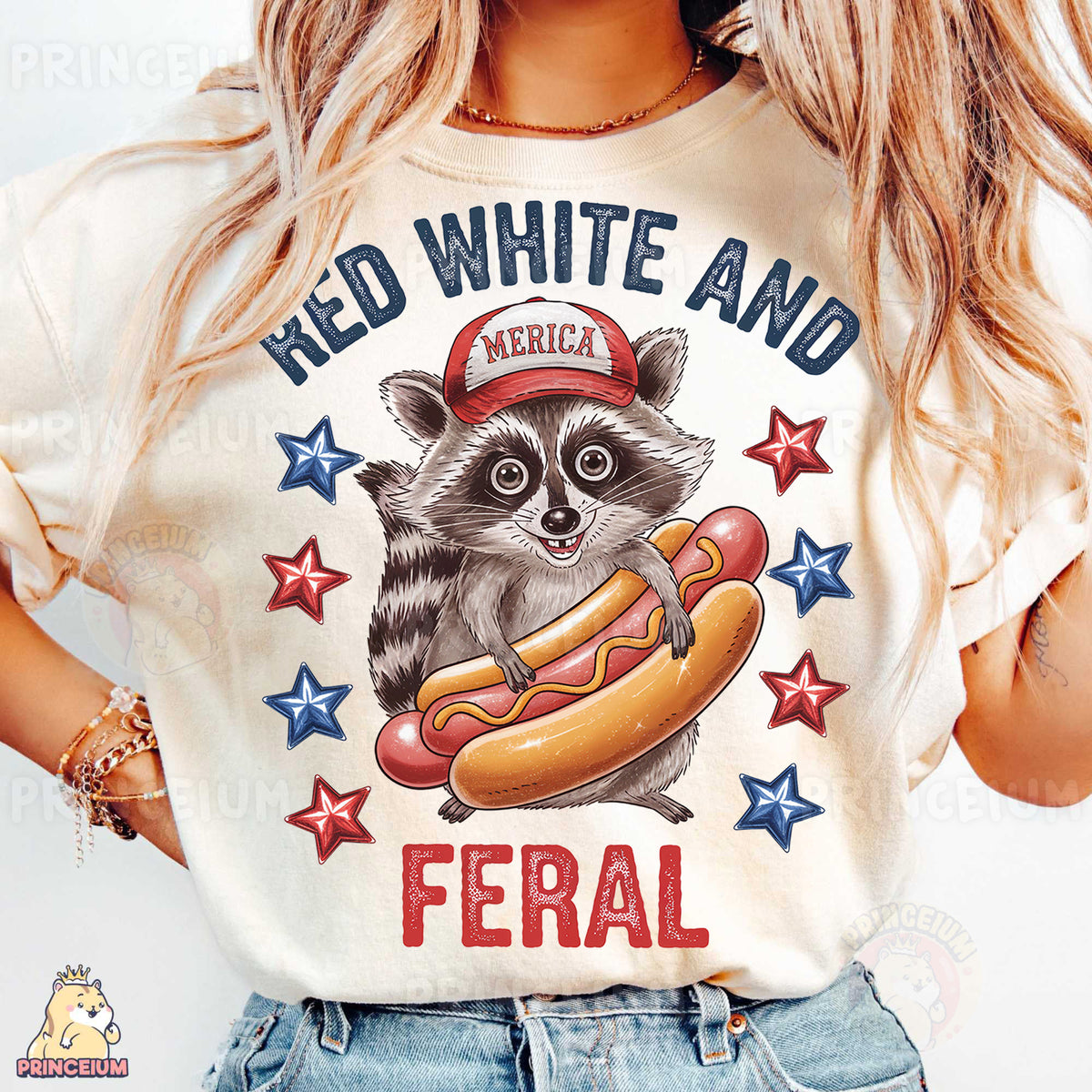 a woman wearing a shirt with a raccoon on it