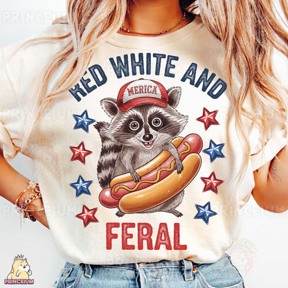 a woman wearing a shirt with a raccoon on it