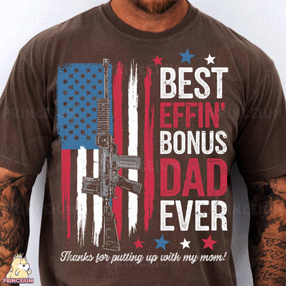a man wearing a brown t - shirt with the american flag on it
