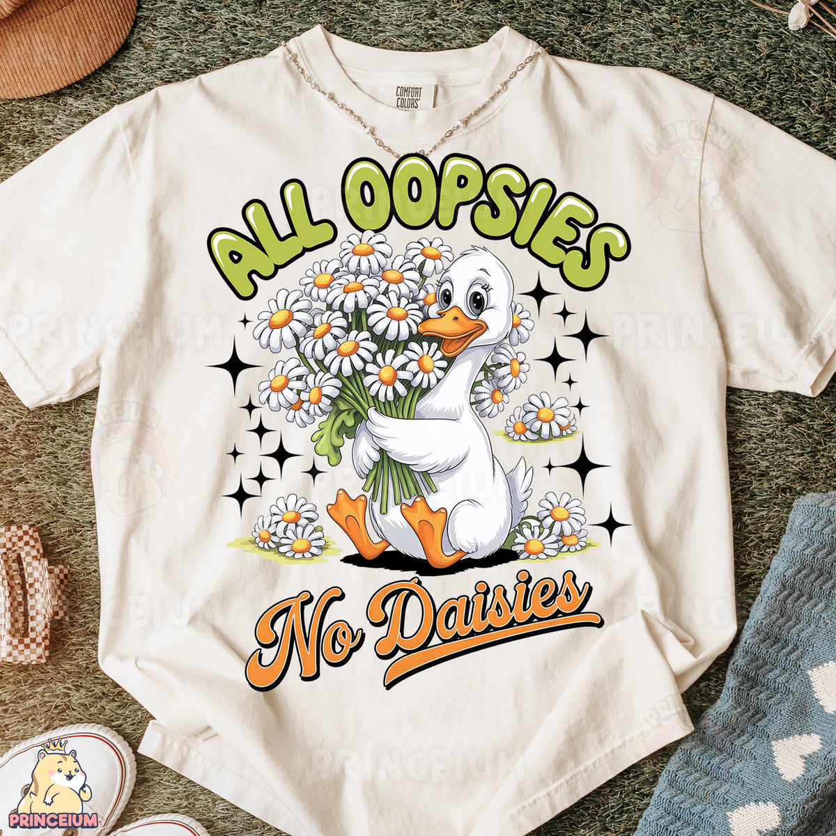 a white t - shirt with a duck holding a bunch of daisies