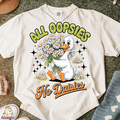 a white t - shirt with a duck holding a bunch of daisies
