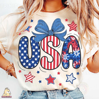 a woman wearing a usa t - shirt with a bow
