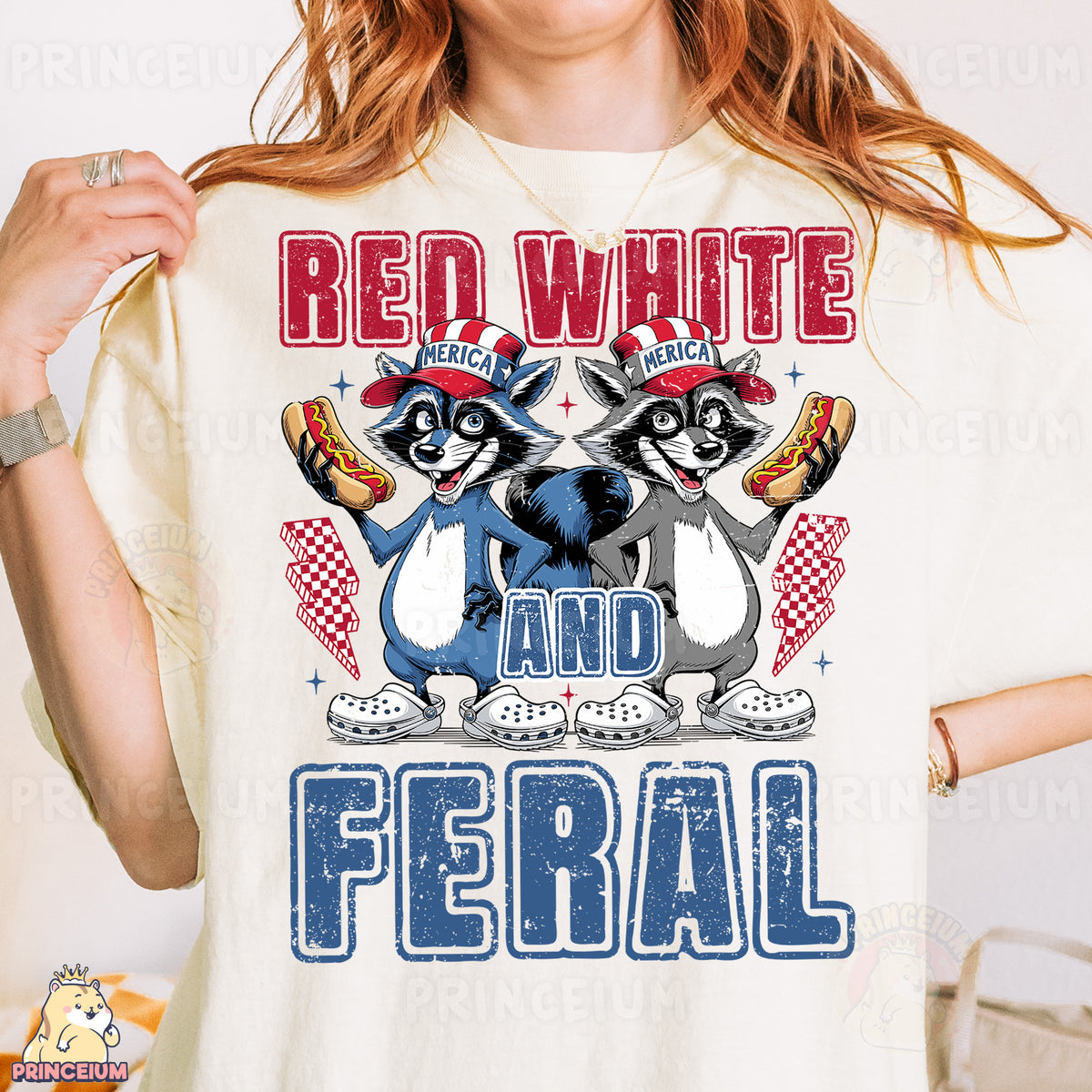 a woman wearing a red white and blue shirt