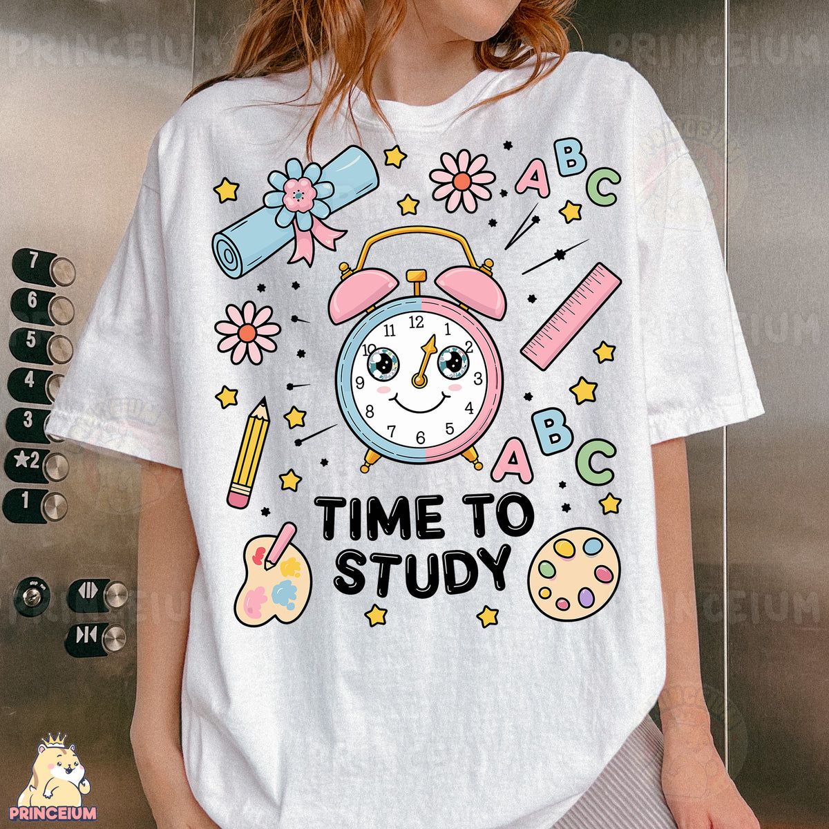 a woman wearing a white t - shirt with a cartoon clock on it