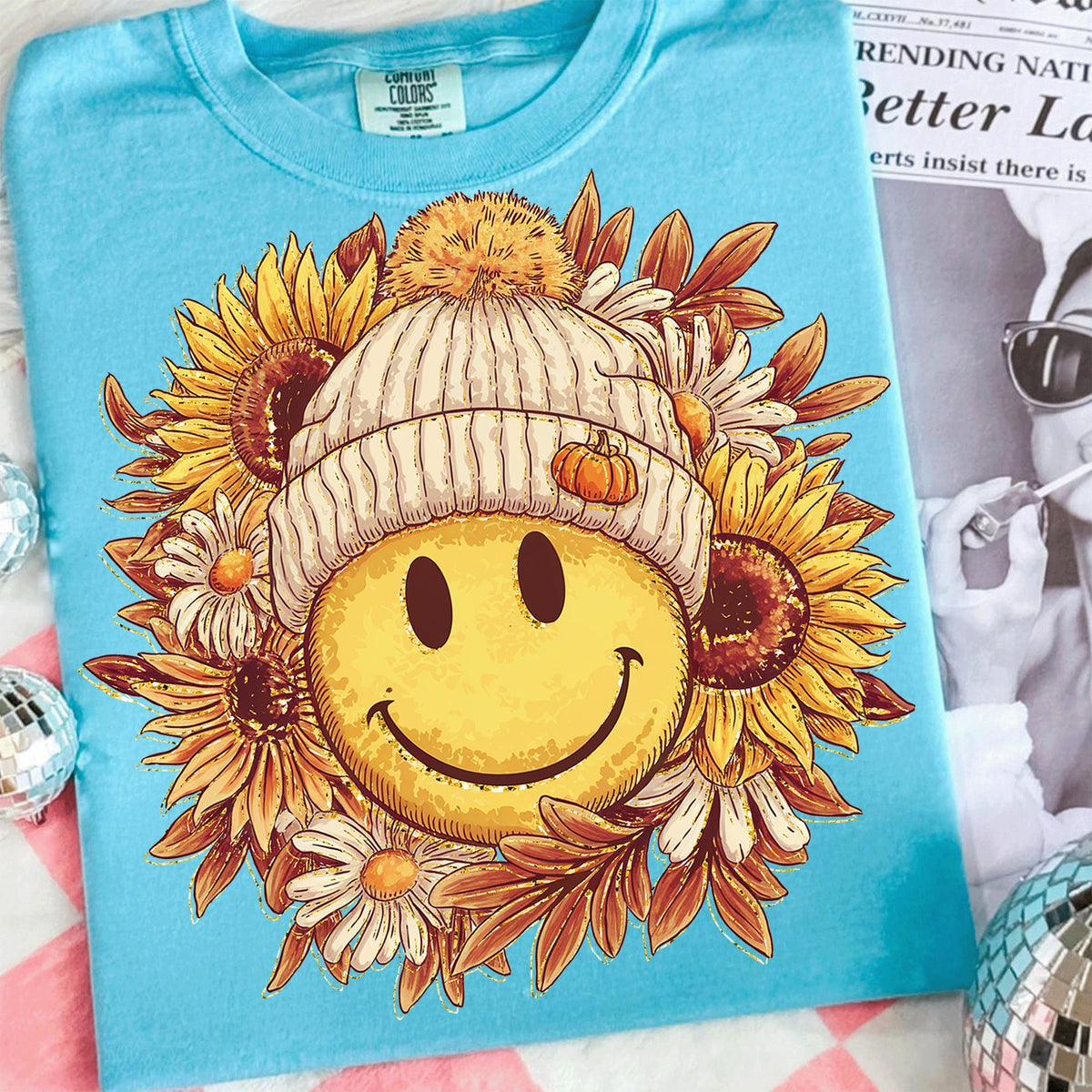 Fall Smiley Sunflower Beanie