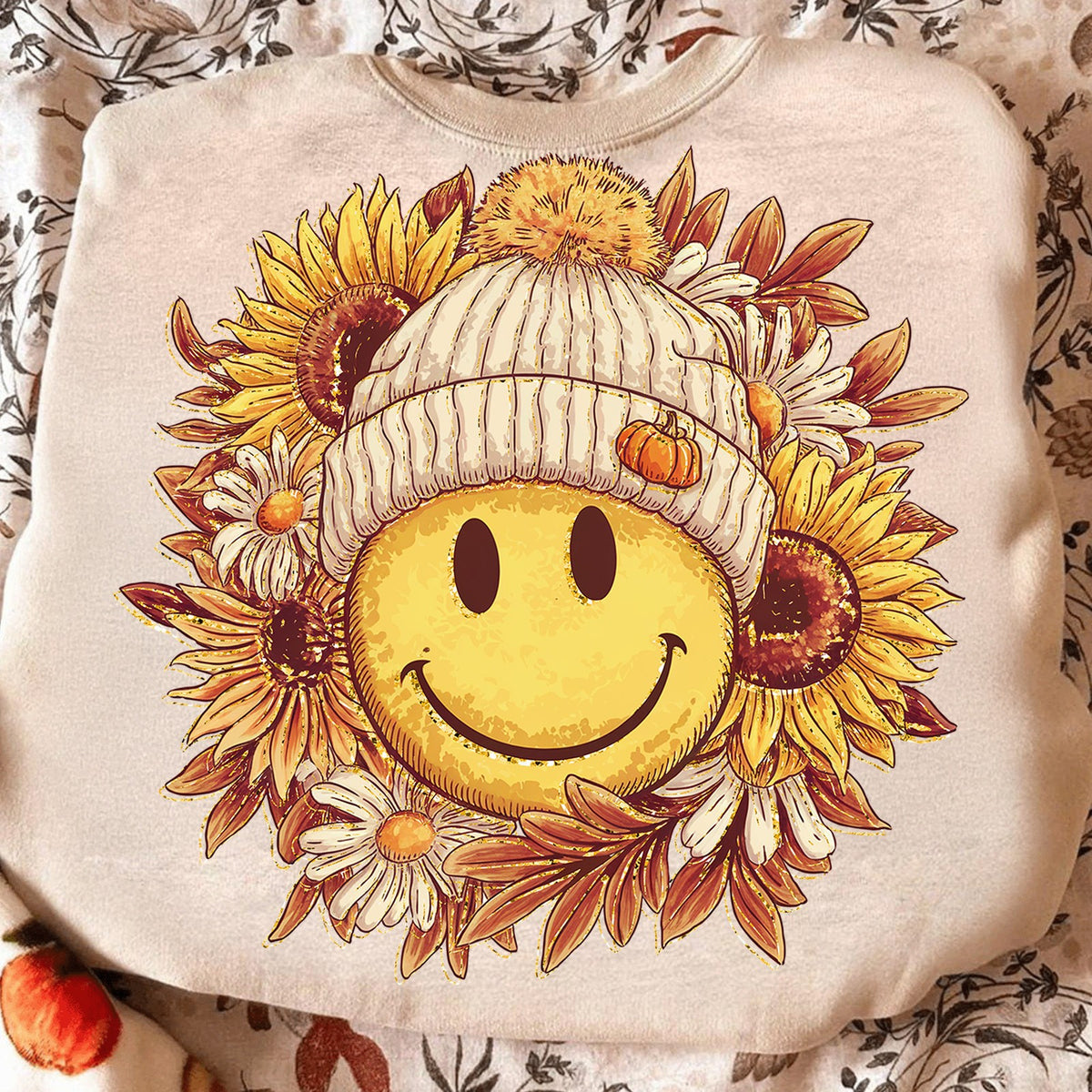 Fall Smiley Sunflower Beanie