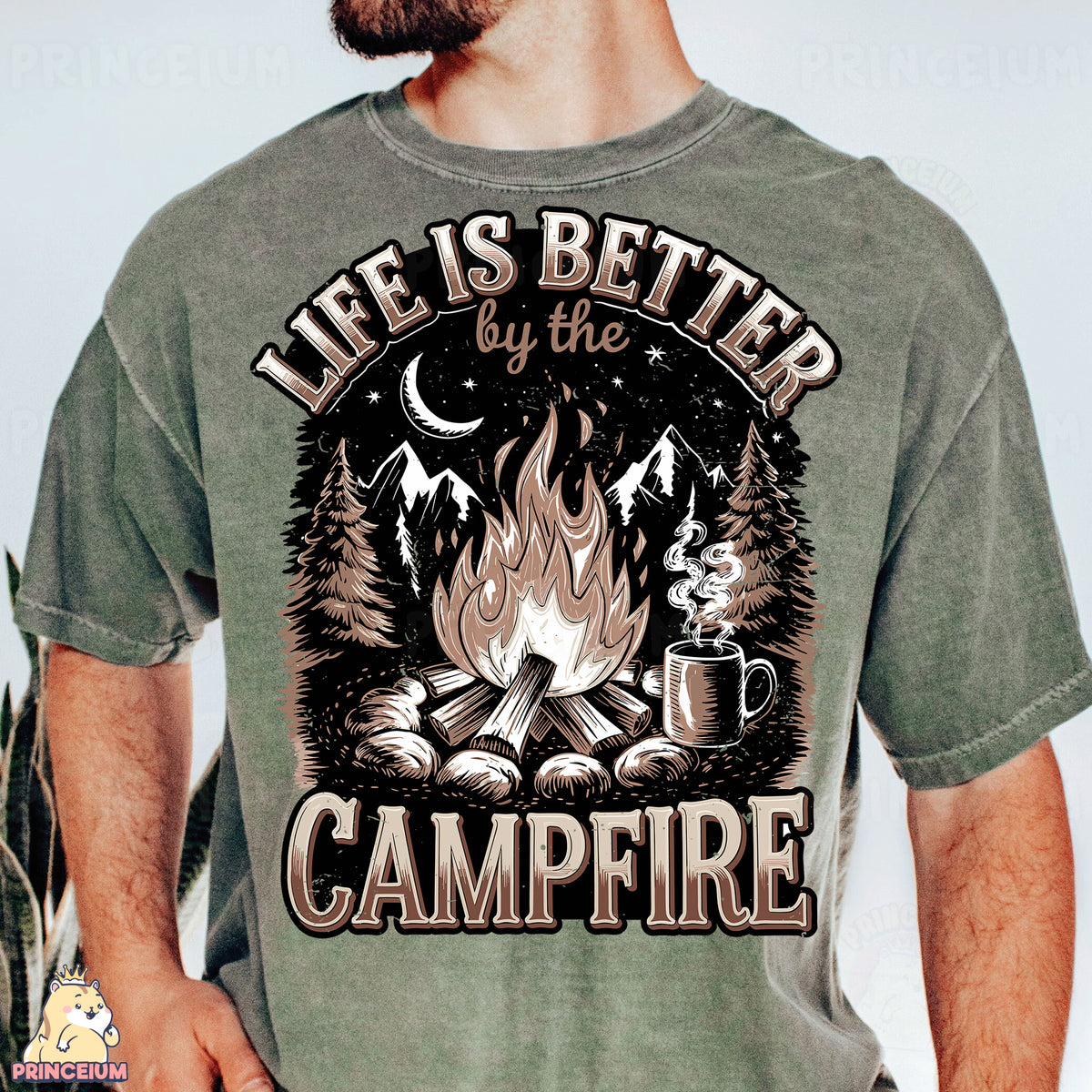 a man wearing a t - shirt that says life is better by the campfire