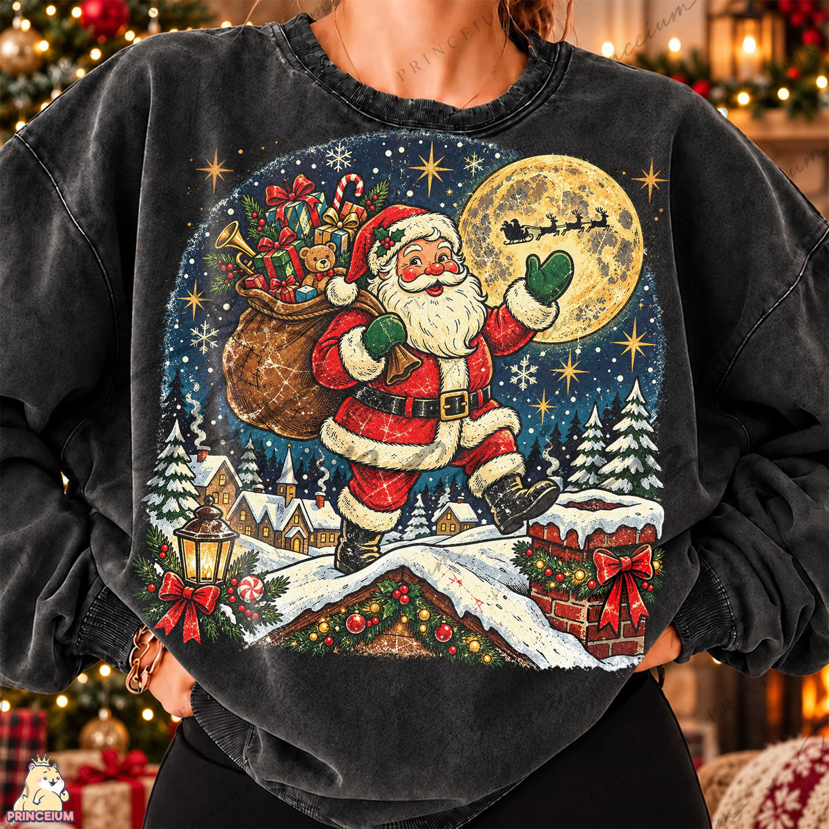 Vintage Santa Beneath the Golden Moon
