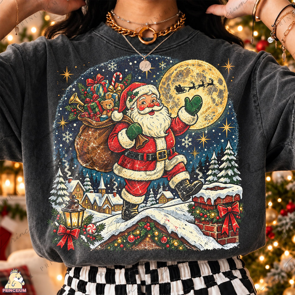 Vintage Santa Beneath the Golden Moon