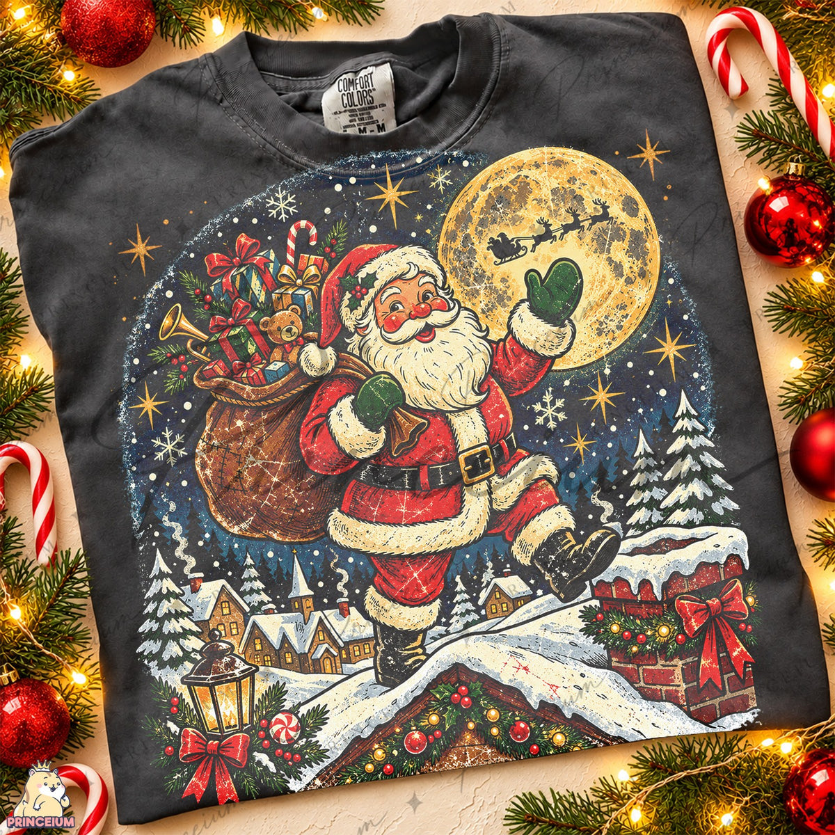 Vintage Santa Beneath the Golden Moon