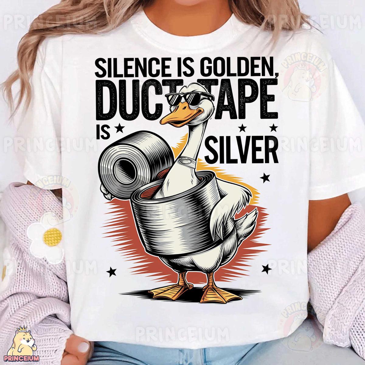 a woman wearing a white t - shirt with a duck holding a roll of duct