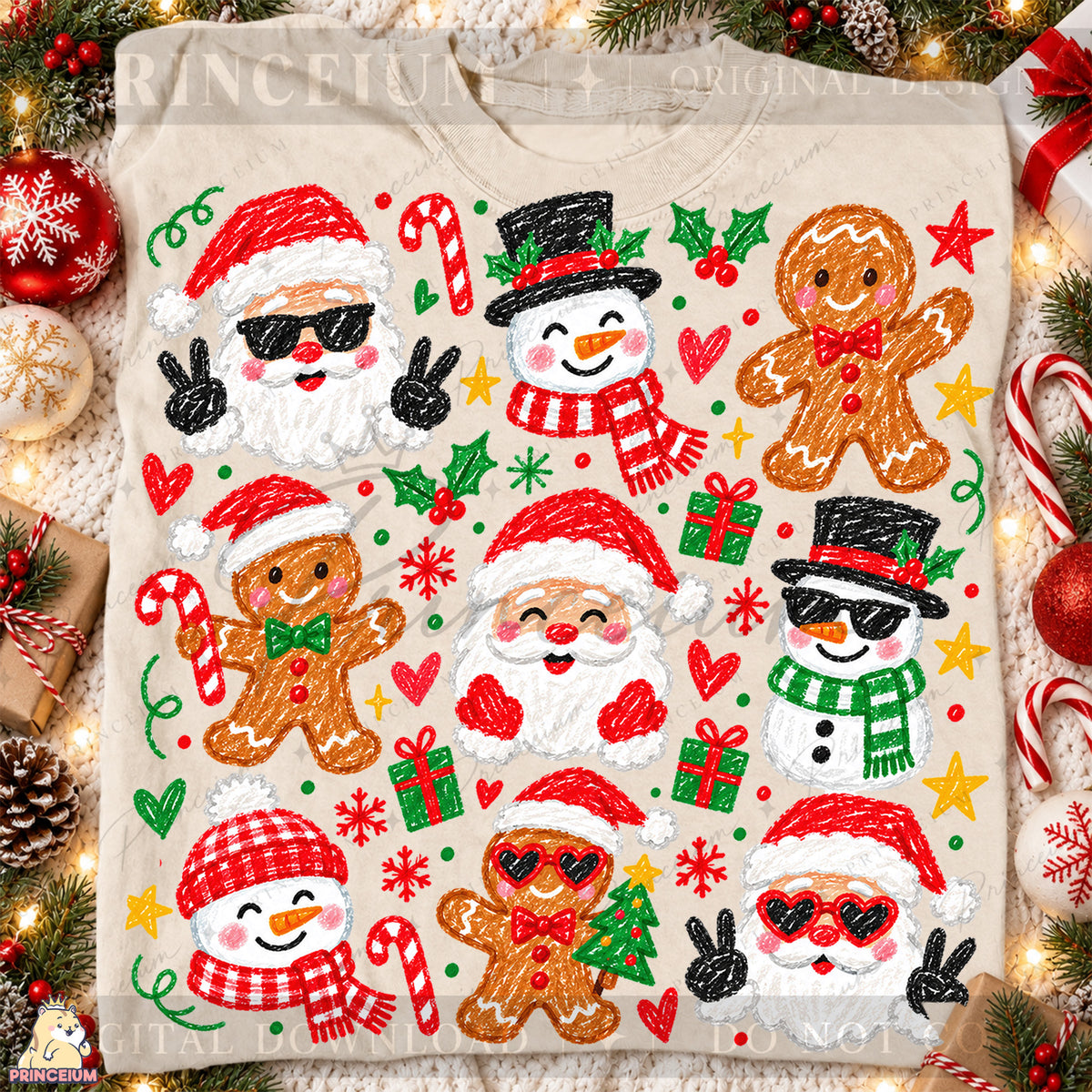 Christmas Doodle PNG – Santa, Snowman & Gingerbread Design  Digital Download