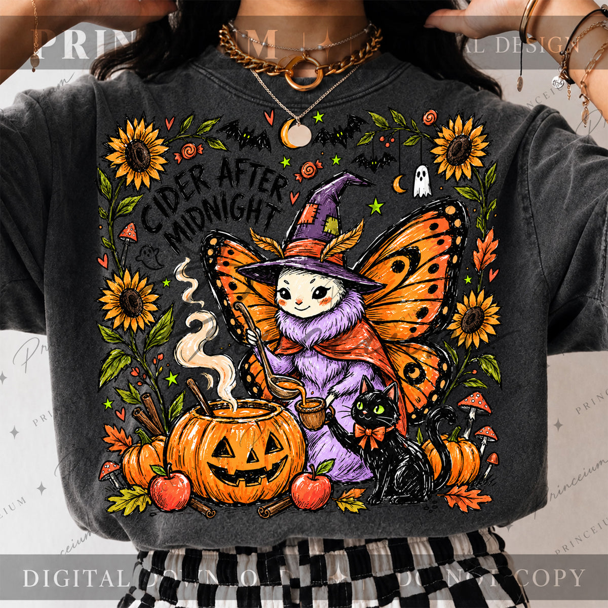 Cider After Midnight Halloween PNG – Butterfly Witch & Black Cat Design | Digital Download