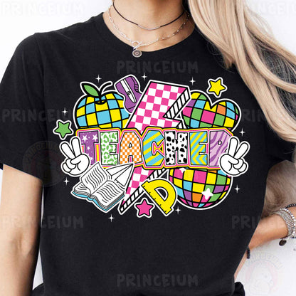 a woman wearing a black t - shirt with a colorful design on it