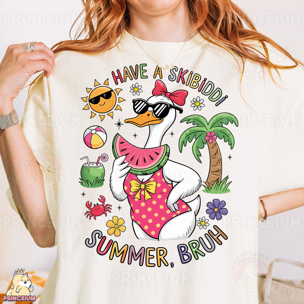 a woman wearing a white shirt with a cartoon duck on it