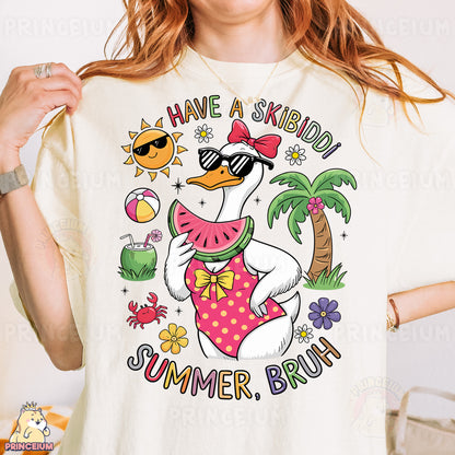 a woman wearing a white shirt with a cartoon duck on it