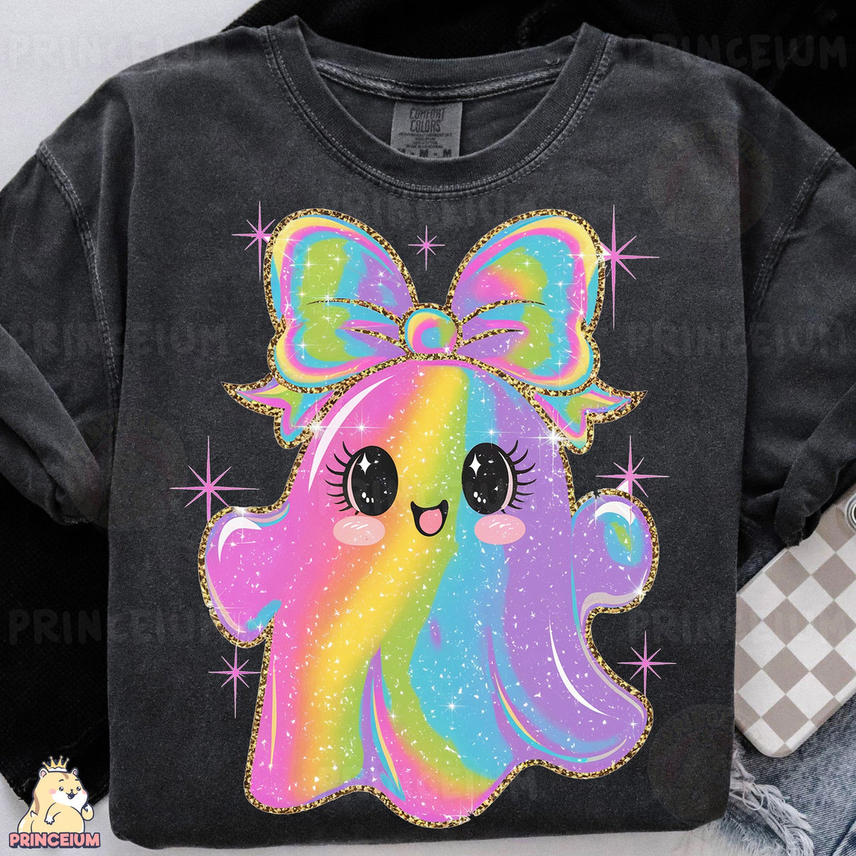 Rainbow Glitter Ghost with Bow