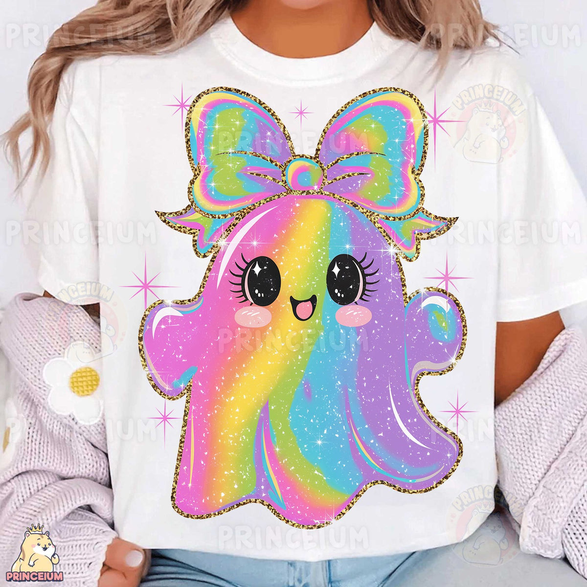 Rainbow Glitter Ghost with Bow