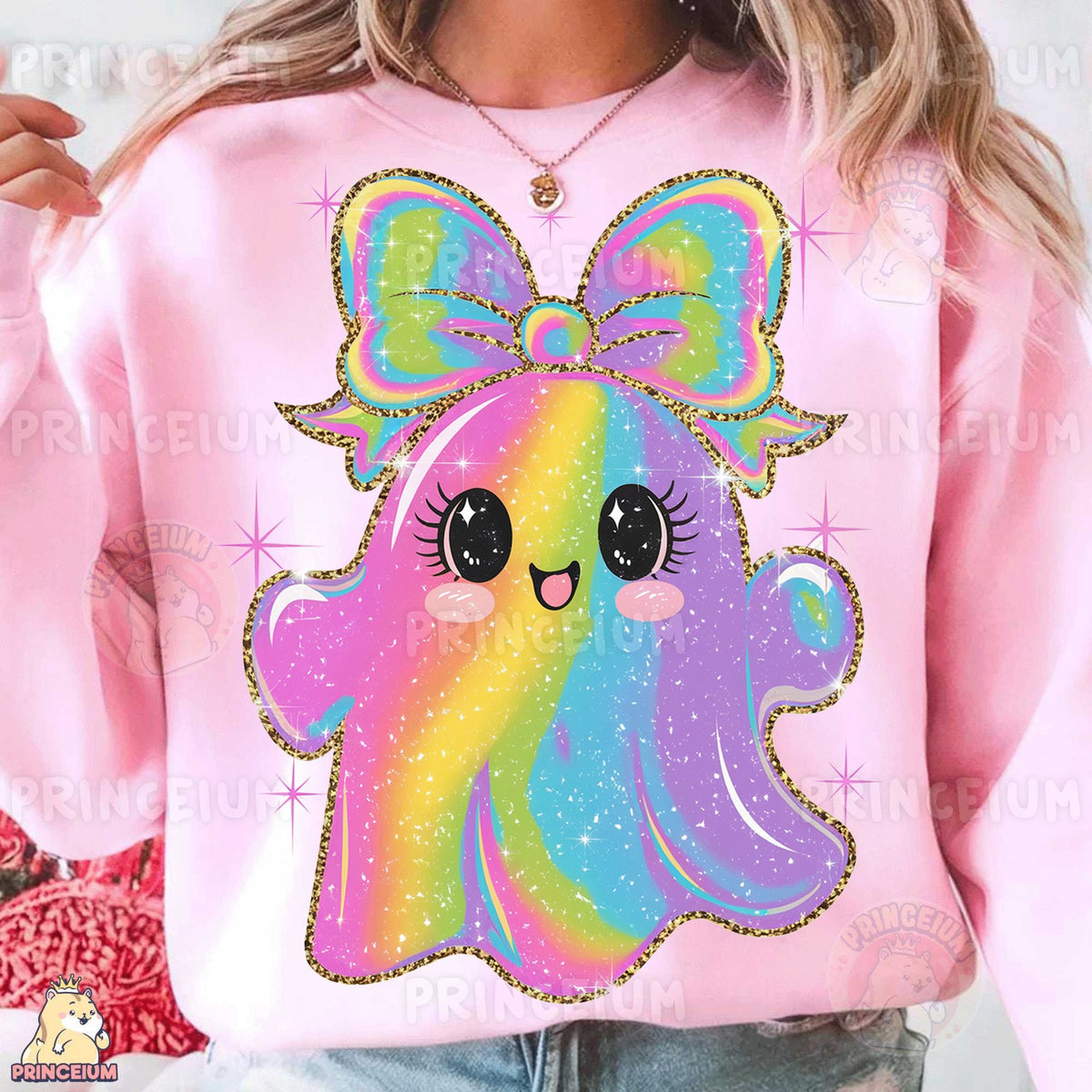 Rainbow Glitter Ghost with Bow