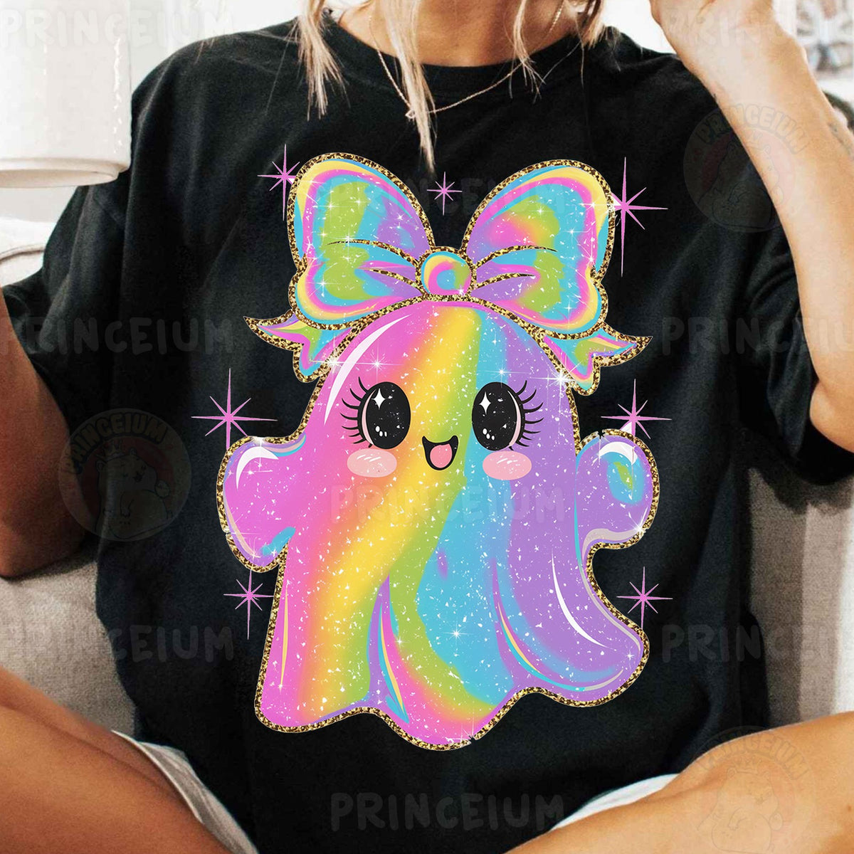 Rainbow Glitter Ghost with Bow