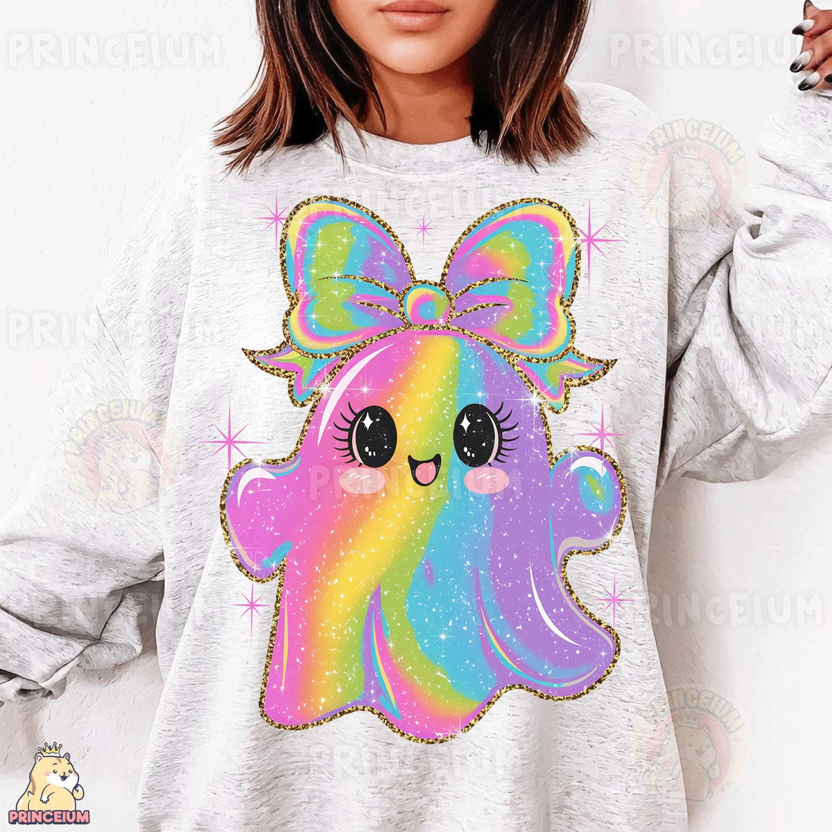 Rainbow Glitter Ghost with Bow