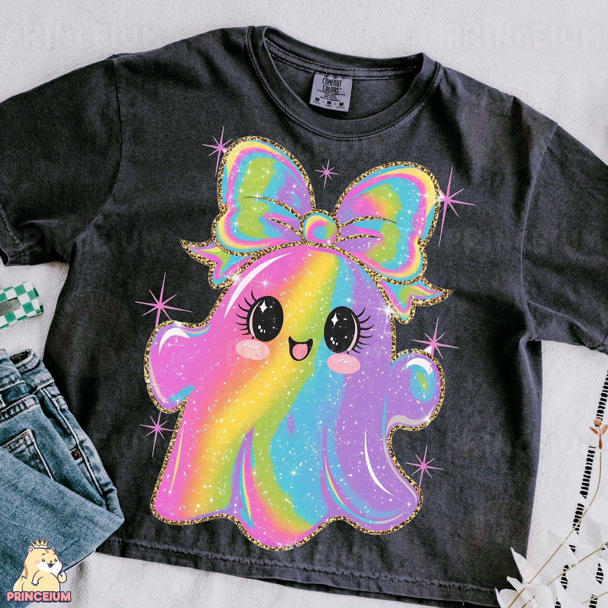 Rainbow Glitter Ghost with Bow