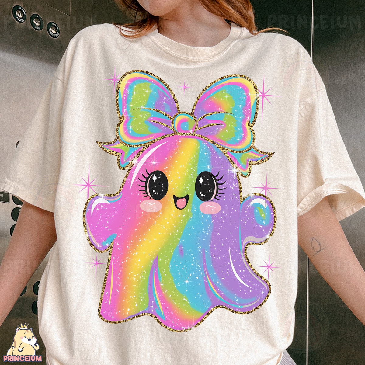 Rainbow Glitter Ghost with Bow