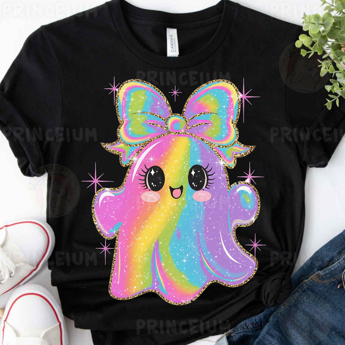 Rainbow Glitter Ghost with Bow