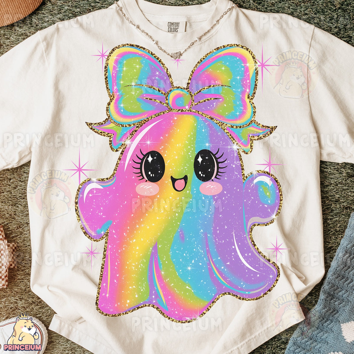 Rainbow Glitter Ghost with Bow