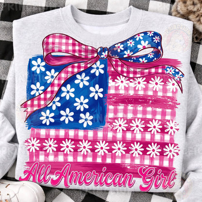 All American Girl Sublimation Design PNG | Patriotic Gingham Flag with Bow Digital Download