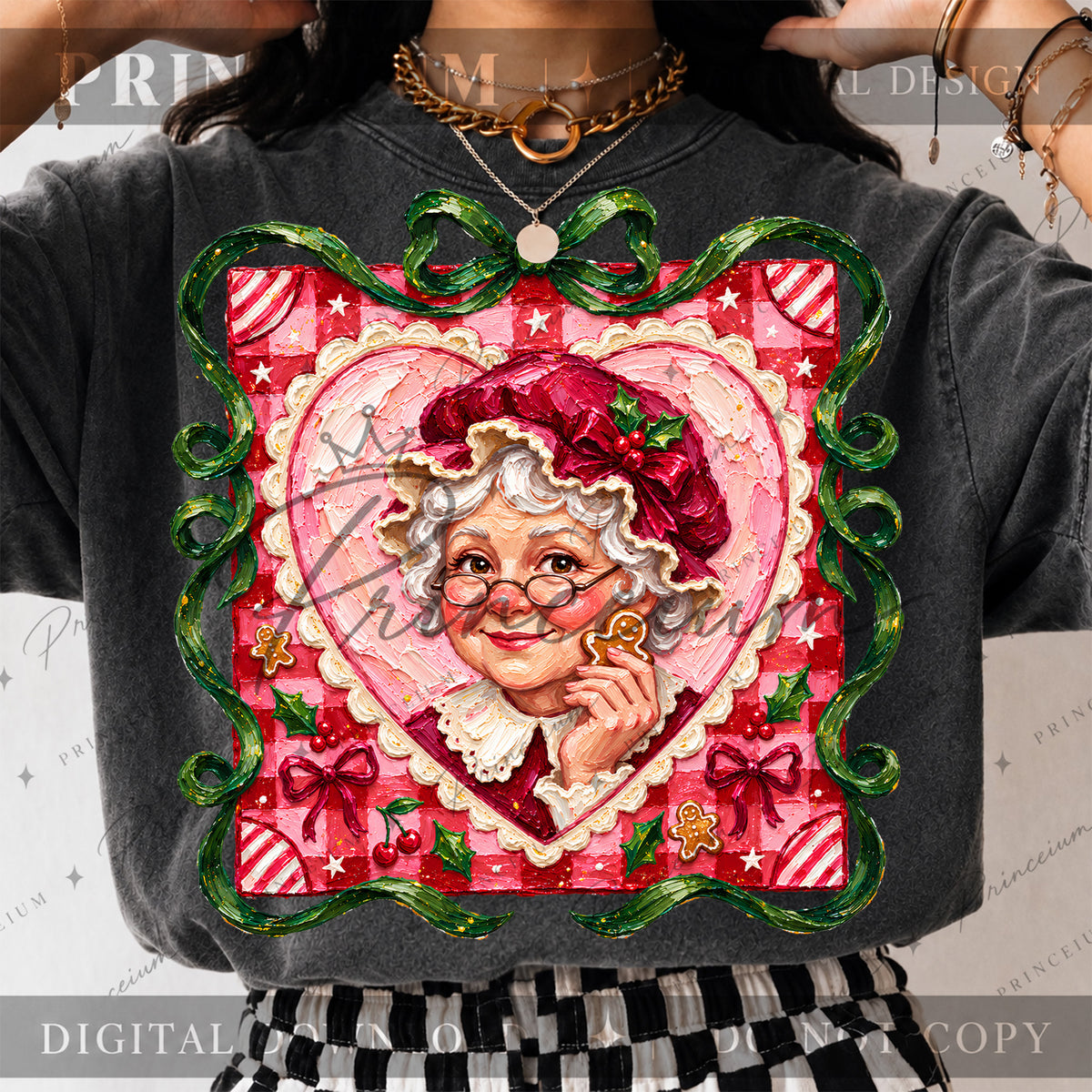 Mrs. Claus Christmas PNG – Pink Heart & Gingerbread Coquette Design | Digital Download