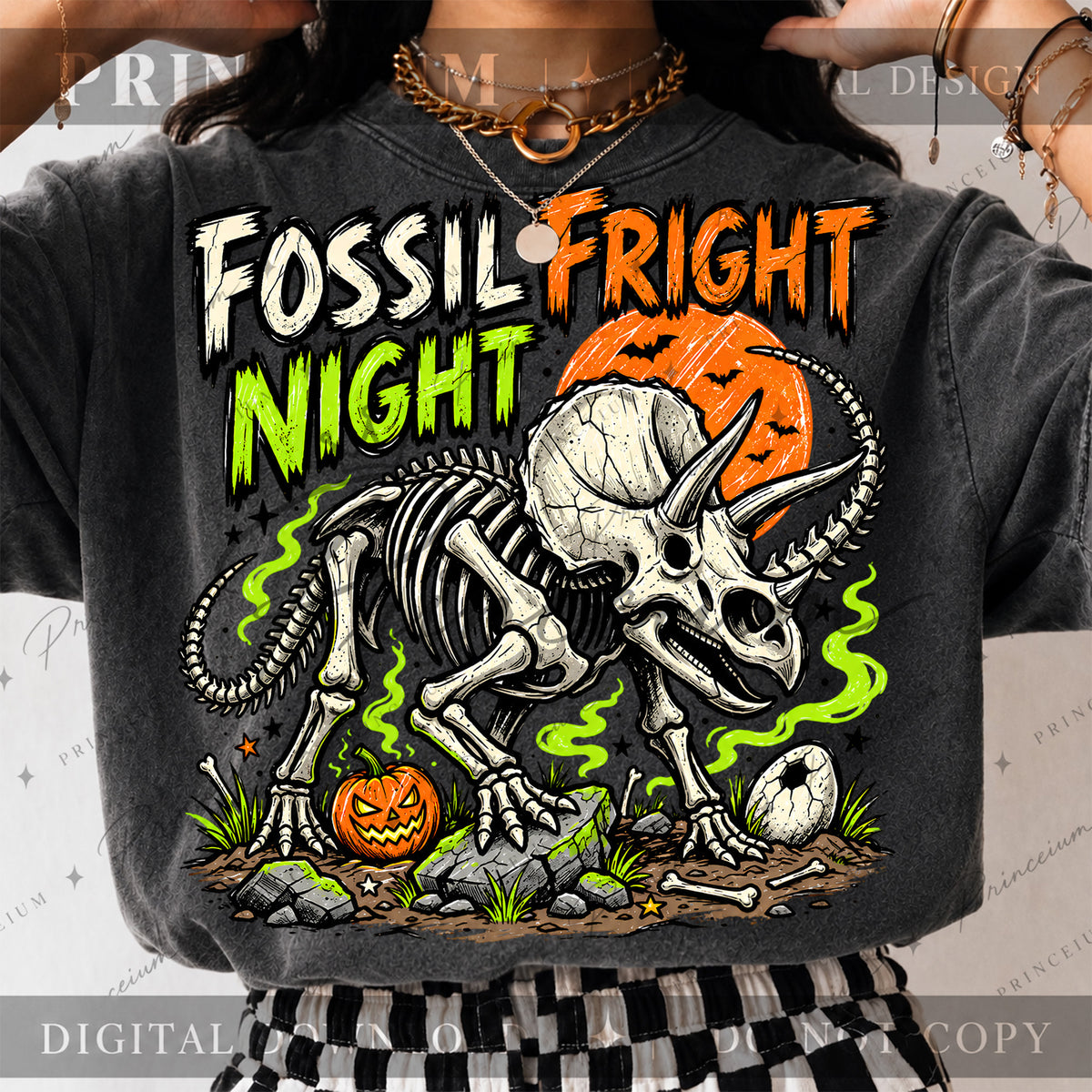 Fossil Fright Night Halloween PNG – Triceratops Skeleton Design | Digital Download