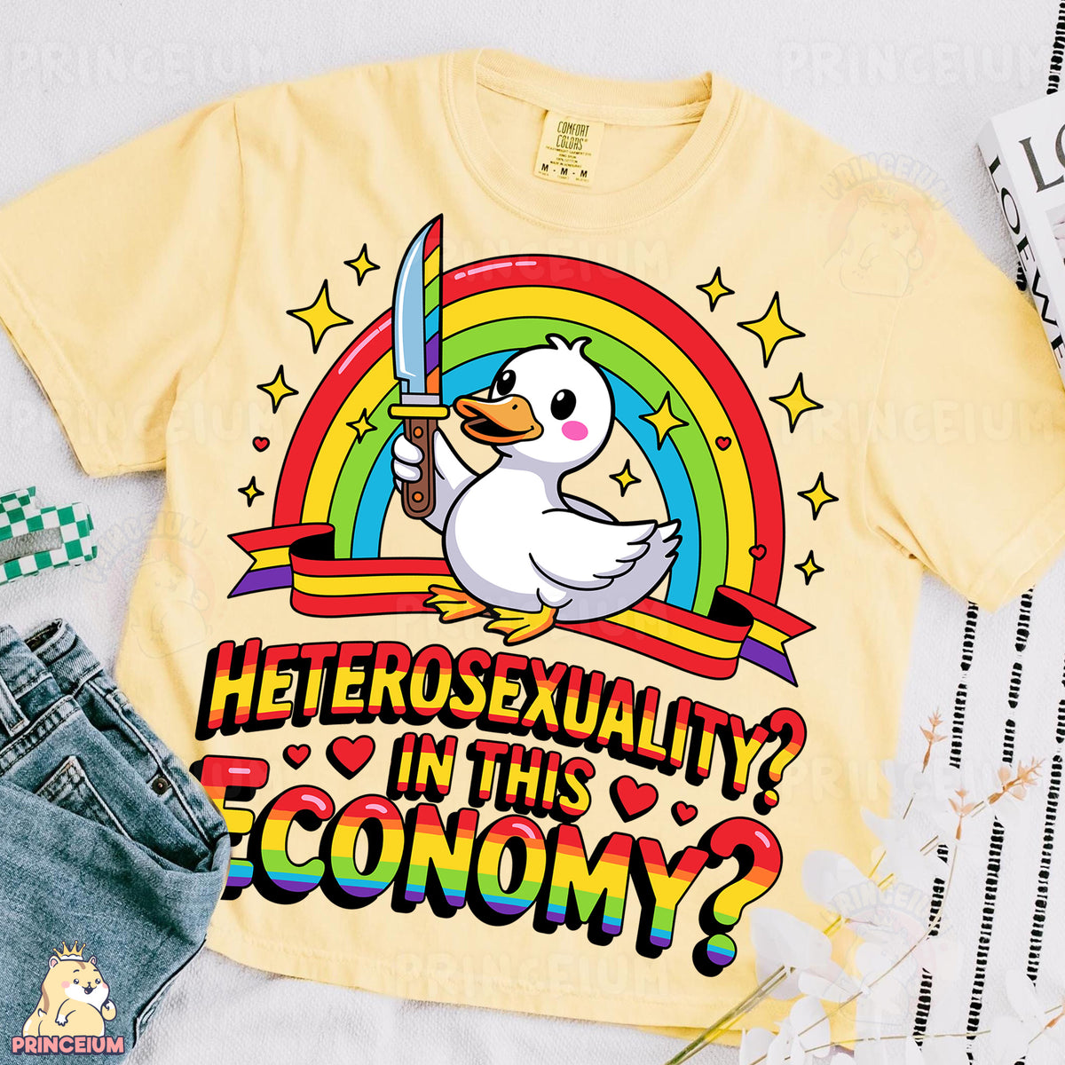 a yellow shirt with a duck on it