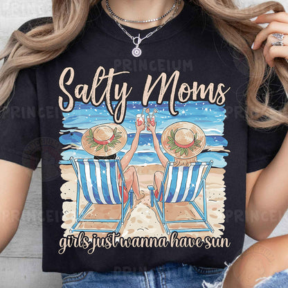 a woman wearing a black shirt that says salty moms