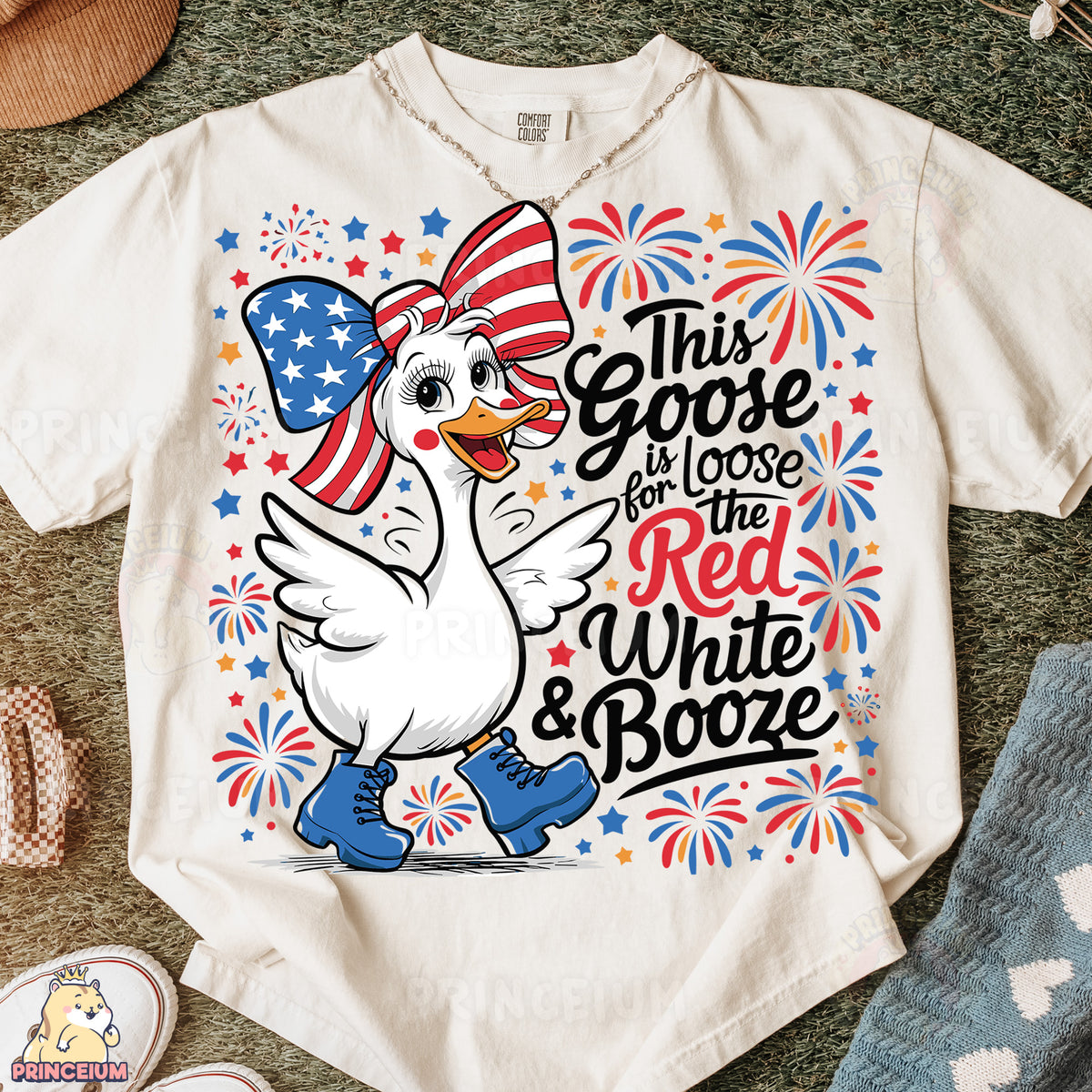 a t - shirt with an image of a duck wearing an american flag hat