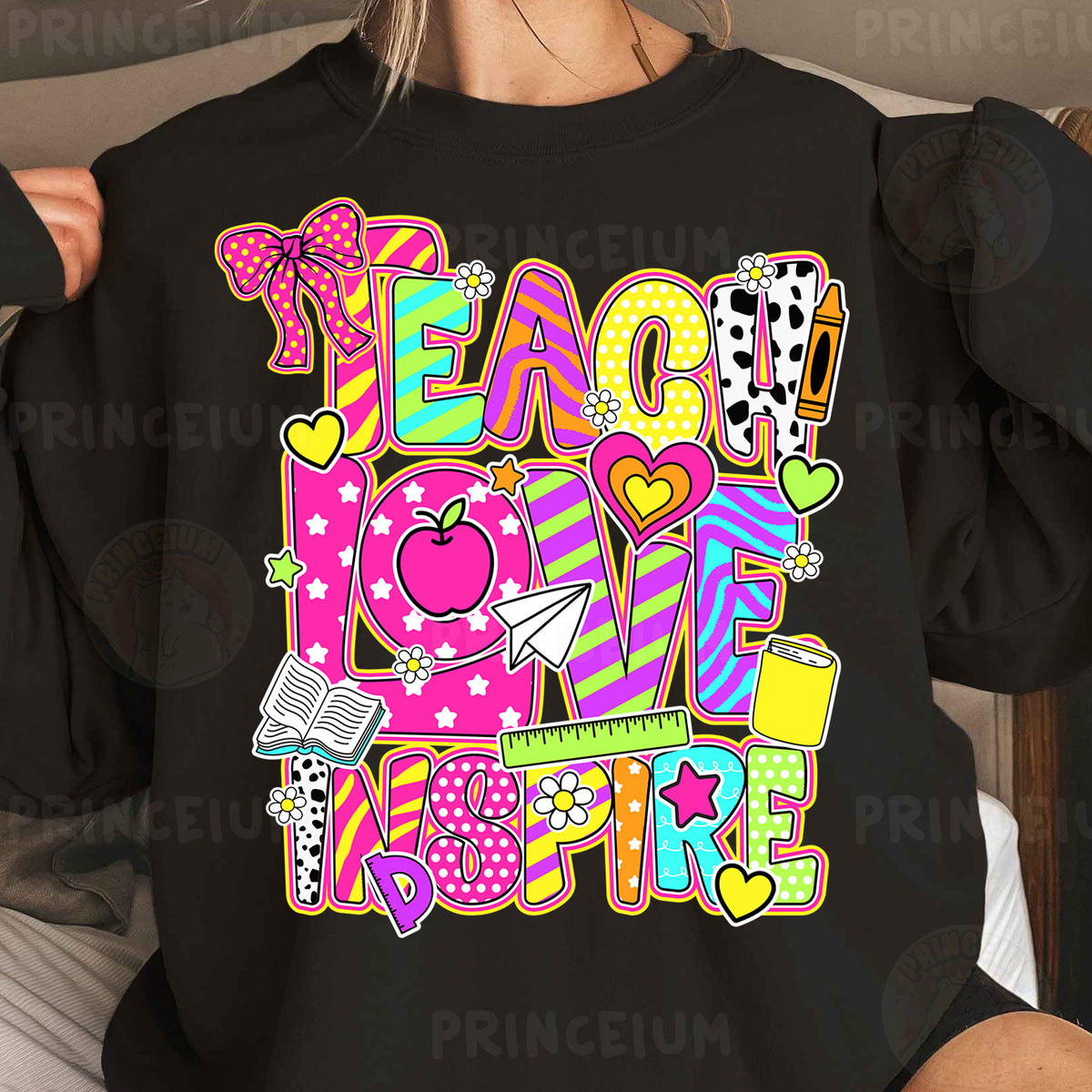 a woman wearing a black t - shirt that says peace love adventure