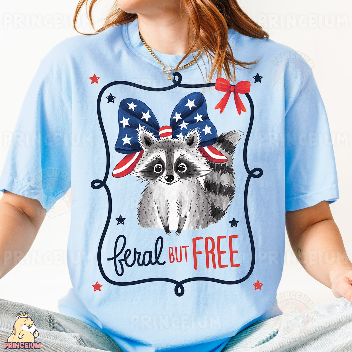 a woman wearing a blue shirt with a raccoon on it